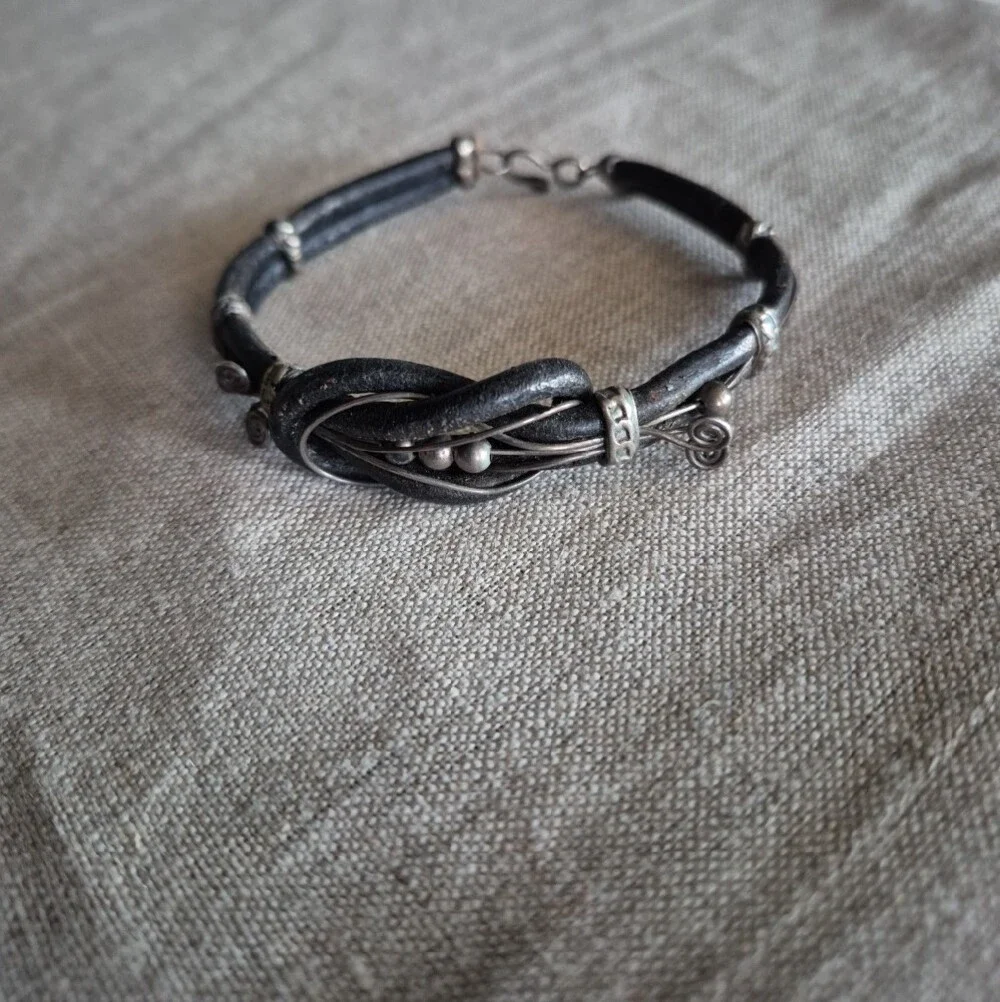 Black Leather and Silver Wire Wrap Unisex Bracelet